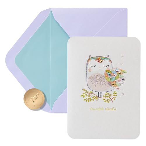 Papyrus Heartfelt Owl Thank You Card - Premium Embellished Greeting Card