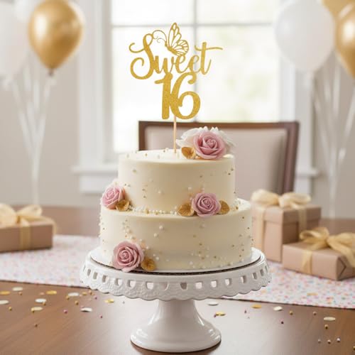 Gold Glitter Sweet 16 Cake Topper - Elegant Party Decoration
