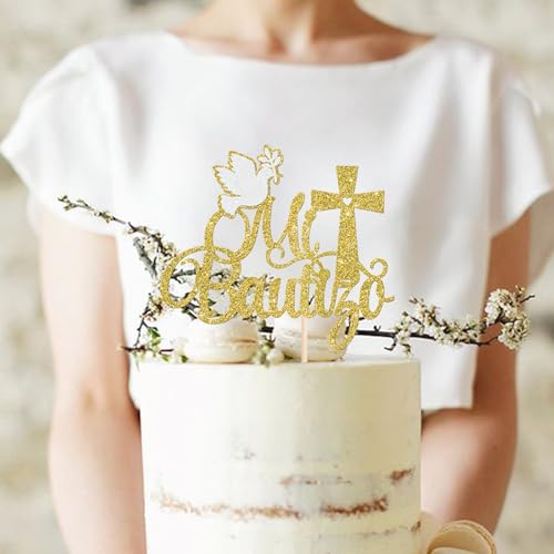 Spanish Mi Bautizo Cake Topper - Gold Glitter Cross Design 1