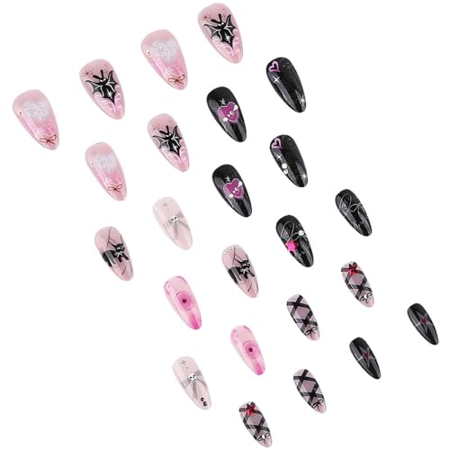 Halloween Press on Nails Medium Almond Gothic Black Bat Fake Nails 24pcs