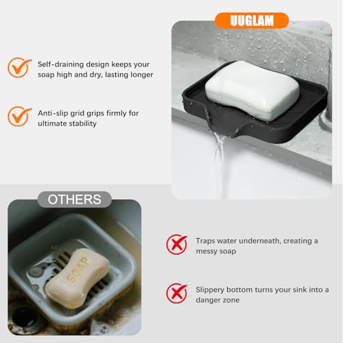 Black Silicone Soap Dish Set - Self-Draining, 4.7"x3.9"