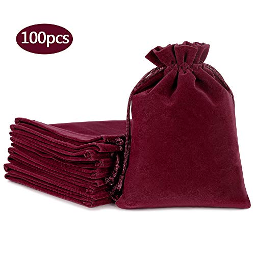 Wine Red 5x7 Inch Velvet Drawstring Gift Bags - Pack of 100 for Wedding & Party Favors