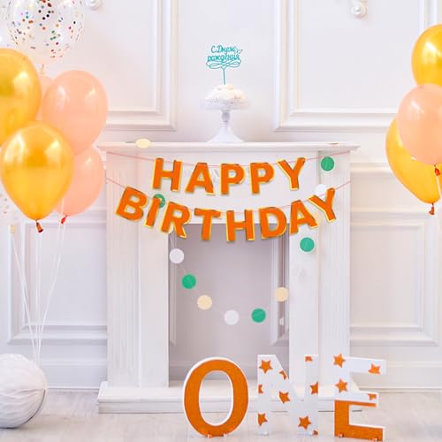 Orange Happy Birthday Banner Sign with Golden Border - Kids Party Decorations
