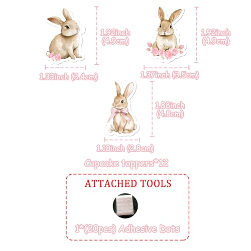 36 Pcs Bunny Cupcake Toppers with Pink Bow - Floral Rabbit Theme Decorations