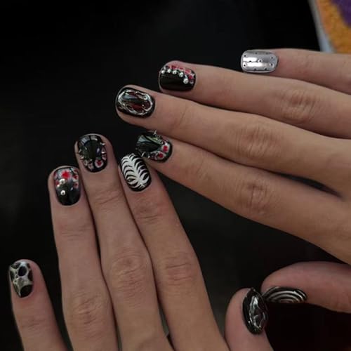 Gothic Press On Nails Short Square Black Silver Y2K False Nails 30Pcs