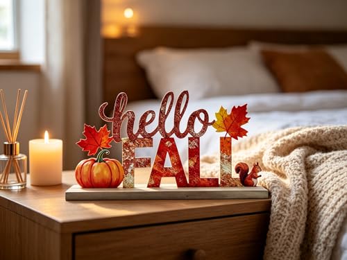 Hello Fall Metal Tabletop Sign - Rustic 3D Harvest Pumpkin Decor