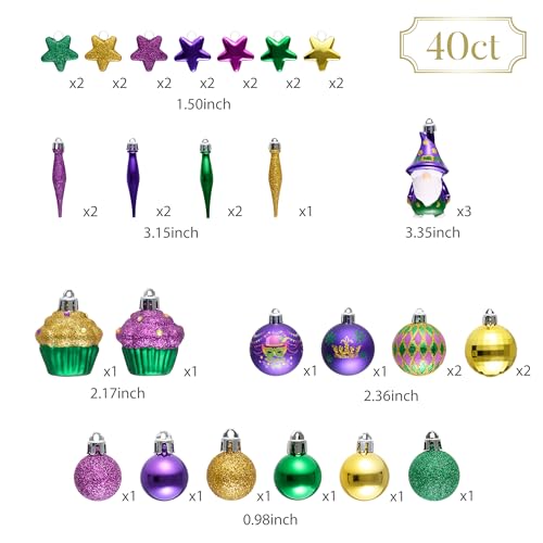 Valery Madelyn Mardi Gras Ball Ornaments Set - Purple, Green, Gold Holiday Decorations, 40 Pieces