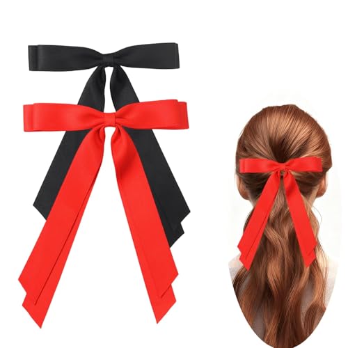 Satin Hair Bow Clips for Women & Girls - Black & Red Hair Ribbons (2PCS)