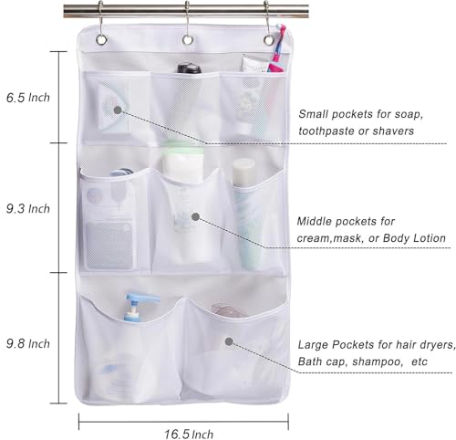 KIMBORA 8-Pocket Mesh Hanging Shower Caddy - White Bathroom Organizer