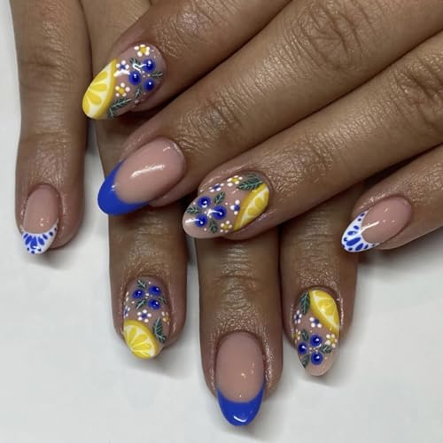 BABALAL Short Oval Press on Nails Blue French Tip with Lemon Design