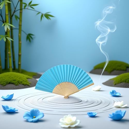 Blue Handheld Bamboo Folding Fan - Elegant Decor for Weddings & Parties