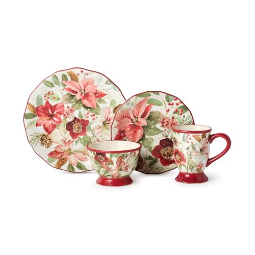 Winter Blooms 16-Piece Holiday Dinnerware Set - Floral Plates, Mugs & Bowls for Christmas