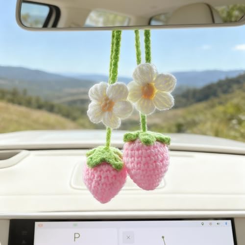 Handmade Crochet Strawberry Car Hanging Ornament - Cute Rearview Mirror Decor