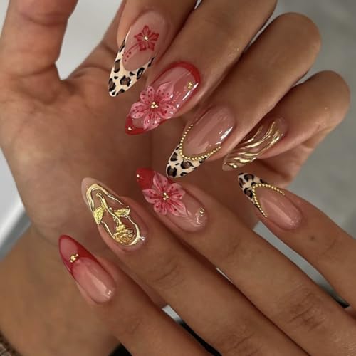 Pink Press on Nails Medium False Nails with 3D Gold Roses and Leopard