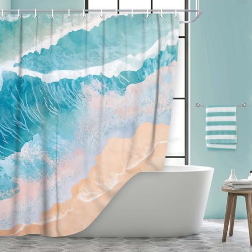 Grtuspr 72x72 Inch Waterproof Seascape Shower Curtain with 12 Hooks - Ocean Waves Beach Bathroom Decor