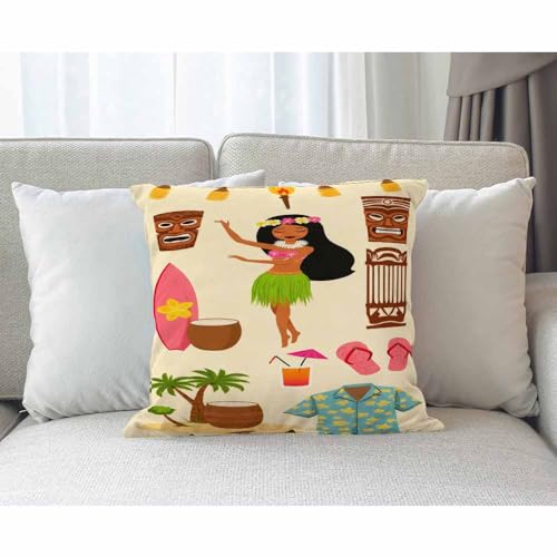 Hawaiian Symbols Throw Pillow Cover 18x18in Tiki Dancer & Totem Decor