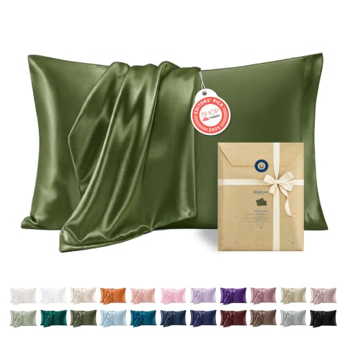 Bedsure Satin Pillowcases Queen Set of 2 - Moss Green Silk-Like Bedding