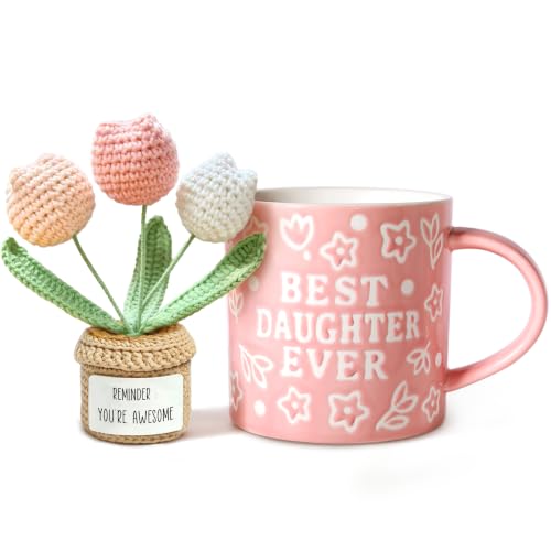 Best Daughter Embossed Ceramic Mug with Handmade Crochet Tulip Gift Set