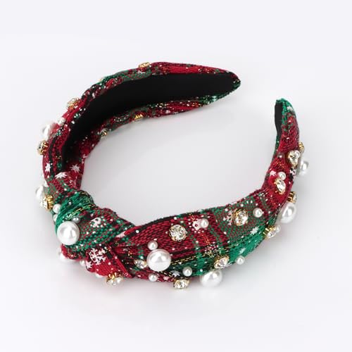 AMCAMI Christmas Green Checkered Pearl Rhinestone Knotted Headband