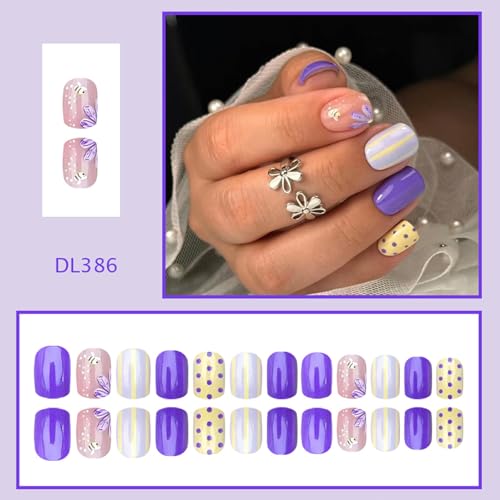 Purple Short Square Press on Nails with Bee and Flower Design Glossy Fake Nails Kit
