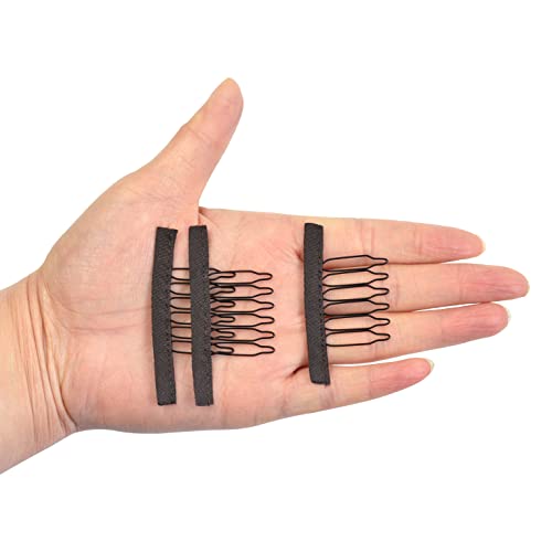 24 Pcs Wig Combs 6-Teeth Metal Wig Cap Clips Secure Hair Extensions Dark Brown