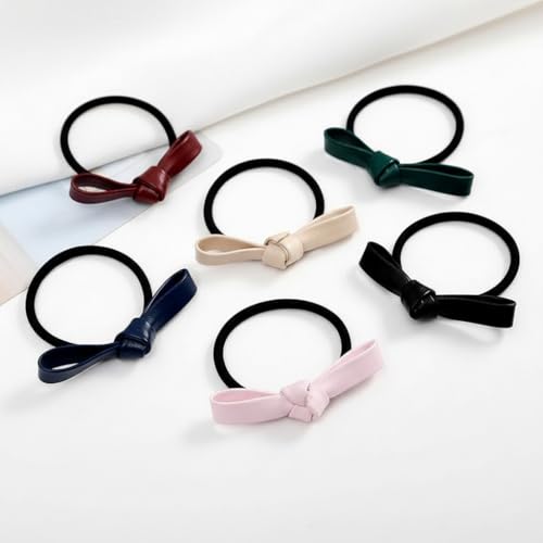 PU Leather Knotted Bow Hair Ties - 6 Pack Multicolored Ponytail Holders