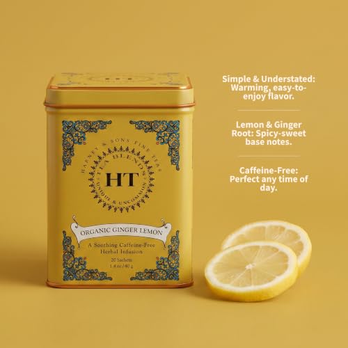 Harney & Sons Organic Ginger Lemon Herbal Tea - 20 Sachets in Tin, Caffeine-Free