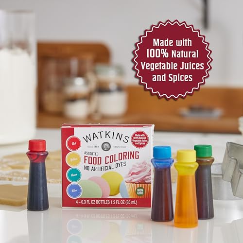Watkins Assorted Food Coloring, Natural Vegetable-Based Dyes, 4 x 0.3 oz
