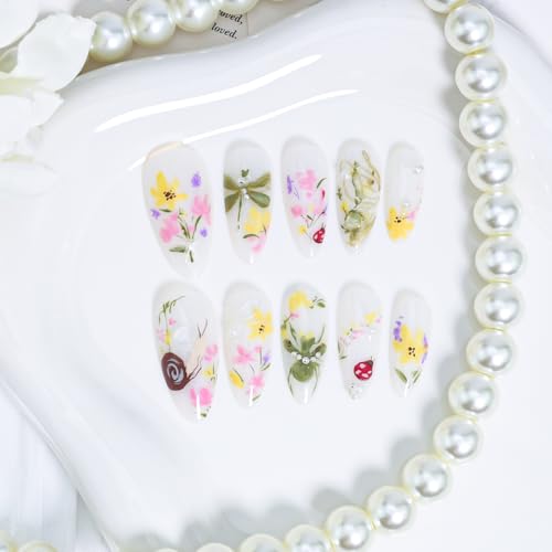 Press On Nails Medium Almond Floral False Nails with 3D Pearls