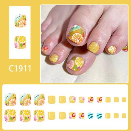 GRITOSE Lemon Fruit Press On Toenails Short Square Fake Toe Nails 24pcs