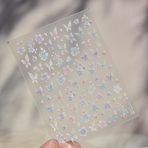 LIFOOST 5D Embossed Flower Nail Stickers Butterfly Floral Manicure Decals