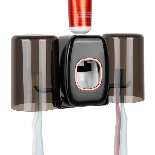 Wall Mounted Toothbrush Holder with Cover & 2 Mouthwash Cups - Black
