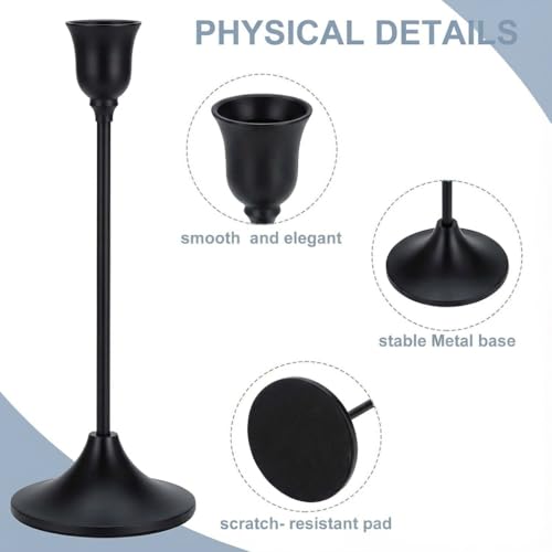 Qynoro Black Taper Candle Holders - Set of 3 Metal Candlestick Stands
