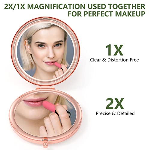 Nipichsha Compact Pocket Makeup Mirror - 2X Magnifying Travel Mirror, 2.75 in Rose Gold Floral