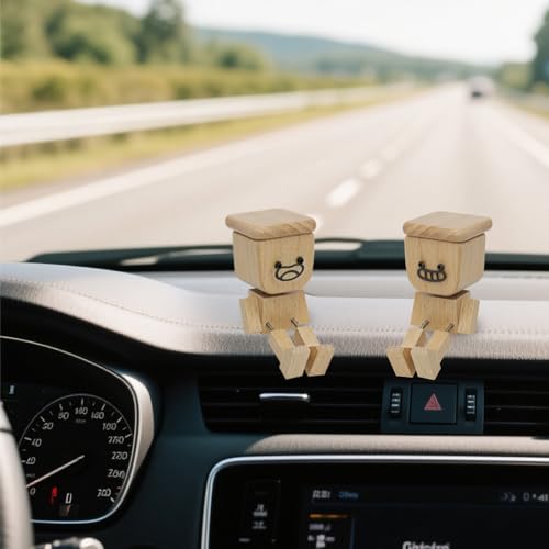 Wooden Rocking Doll Car Dashboard Ornament with 12 Interchangeable Emoji Faces and Spring Legs