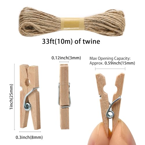 Natural Mini Wooden Clothespins Set with Jute Twine - 100 Pcs