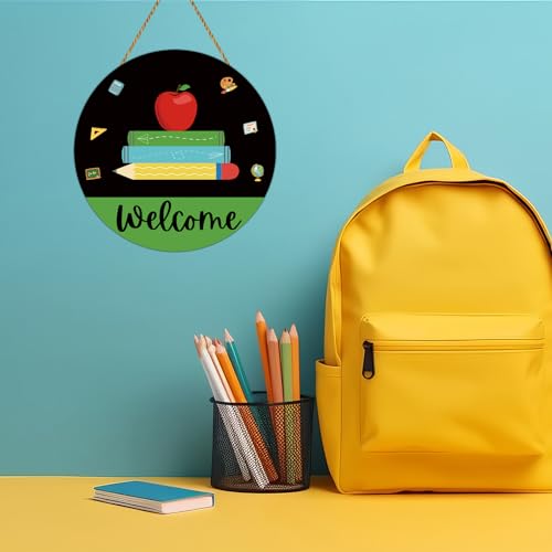YUNKKIN Classroom Welcome Sign - Apple, Books & Pencils Decor for First Day of School