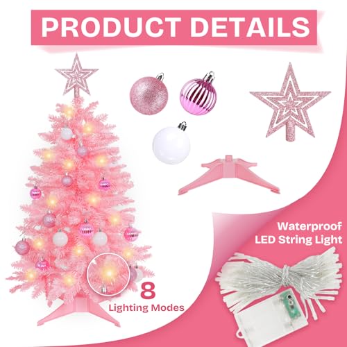 Pink 3ft Artificial Christmas Tree with Lights, Ornaments & 8 Lighting Modes