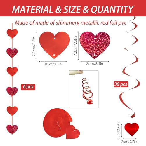36Pcs Valentine's Day Hanging Swirls Red Glitter Heart Decorations
