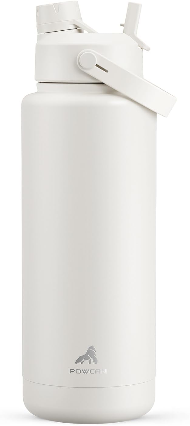 POWCAN 40 oz Insulated Water Bottle - 2-in-1 Straw & Spout Lid, Leak-Proof, BPA-Free, Ivory