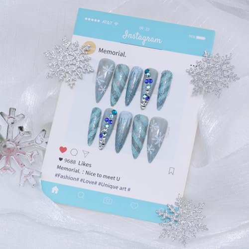 Christmas Press on Nails Long Almond False Nails with Rhinestones & Glitter