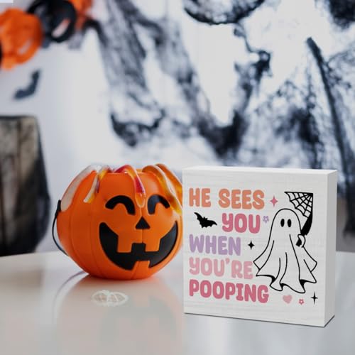 Cute Pink Ghost Pooping Halloween Decor - 5x5 Wooden Sign
