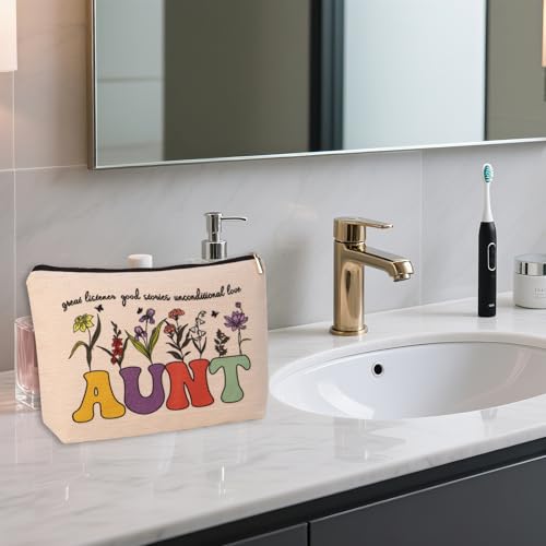 Aunt Makeup Bag Waterproof Linen Travel Cosmetic Pouch for Birthday