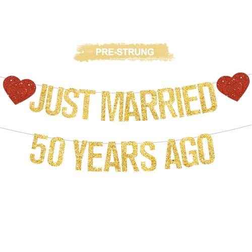 Gold Glitter Just Married 50 Years Ago Banner - Pre-Strung Anniversary Decoration