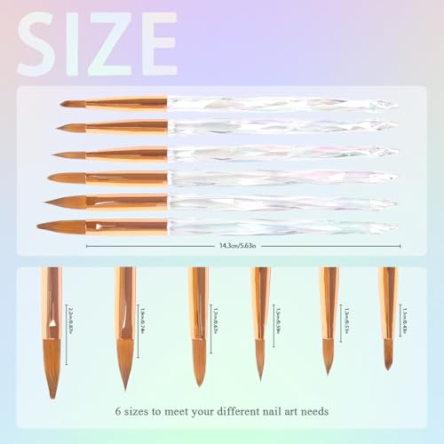 SruidyLady Nail Art Brush Set - 6 Piece Flat, Oval, Angled Gel Brushes