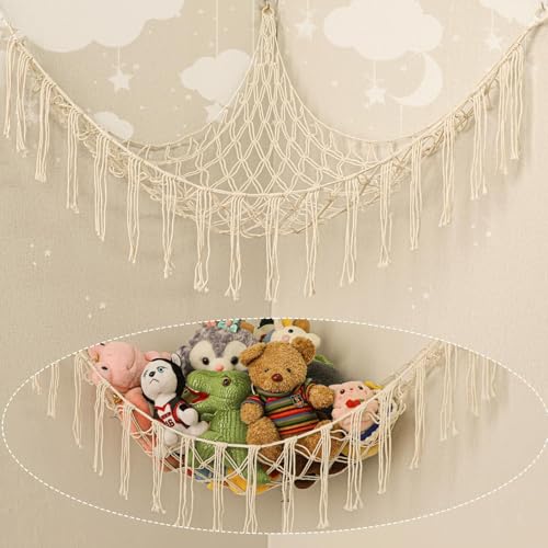 Large Cotton Stuffed Animal Hammock for Corner Storage - Boho Kids Organizer