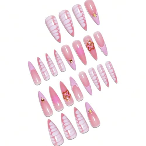 Teilihai Long French Tip Almond Press on Nails with 3D Flowers and Stars