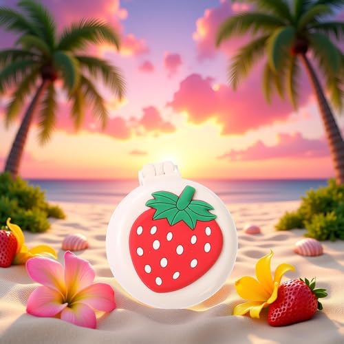 Strawberry Travel Hair Brush, Folding Round Massage Brush with Mini Mirror