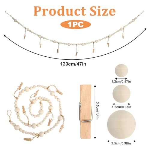 4 Ft Wooden Bead Garland Photo Display with Clips - Boho Room Decor