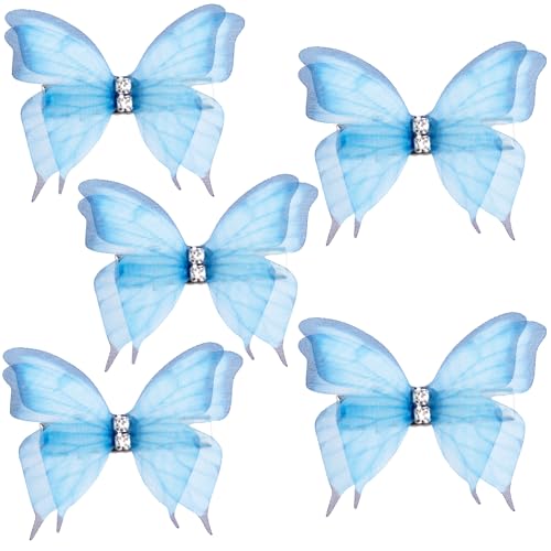 PAGOW 5pcs Blue Butterfly Hair Clips Rhinestone Snap Barrettes